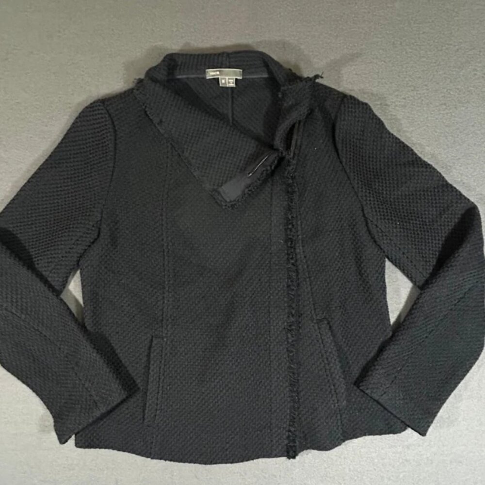 Vince. Black Women's Fringe Trim Waffle Knit Zip Up Jacket Size M